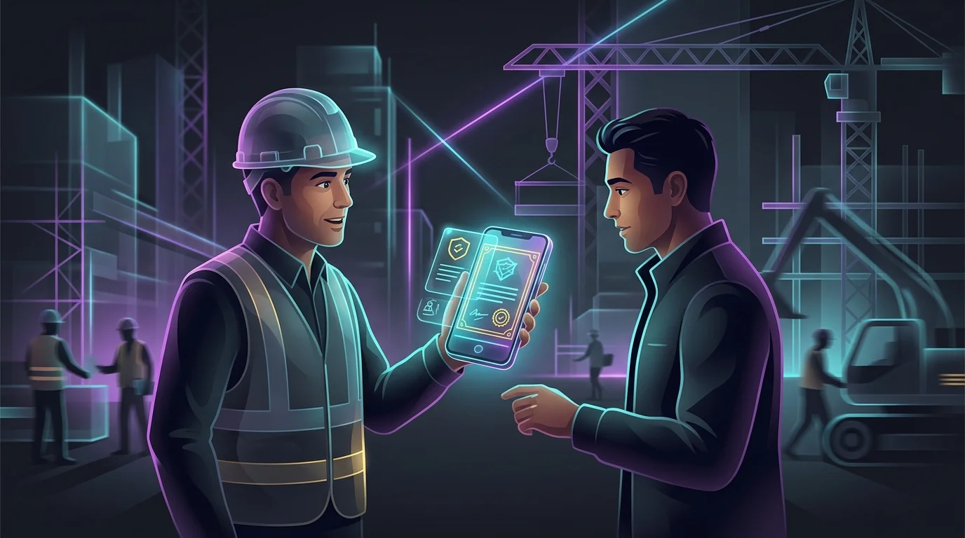 Contractor using a smartphone to display a digital insurance certificate on a busy construction site.
