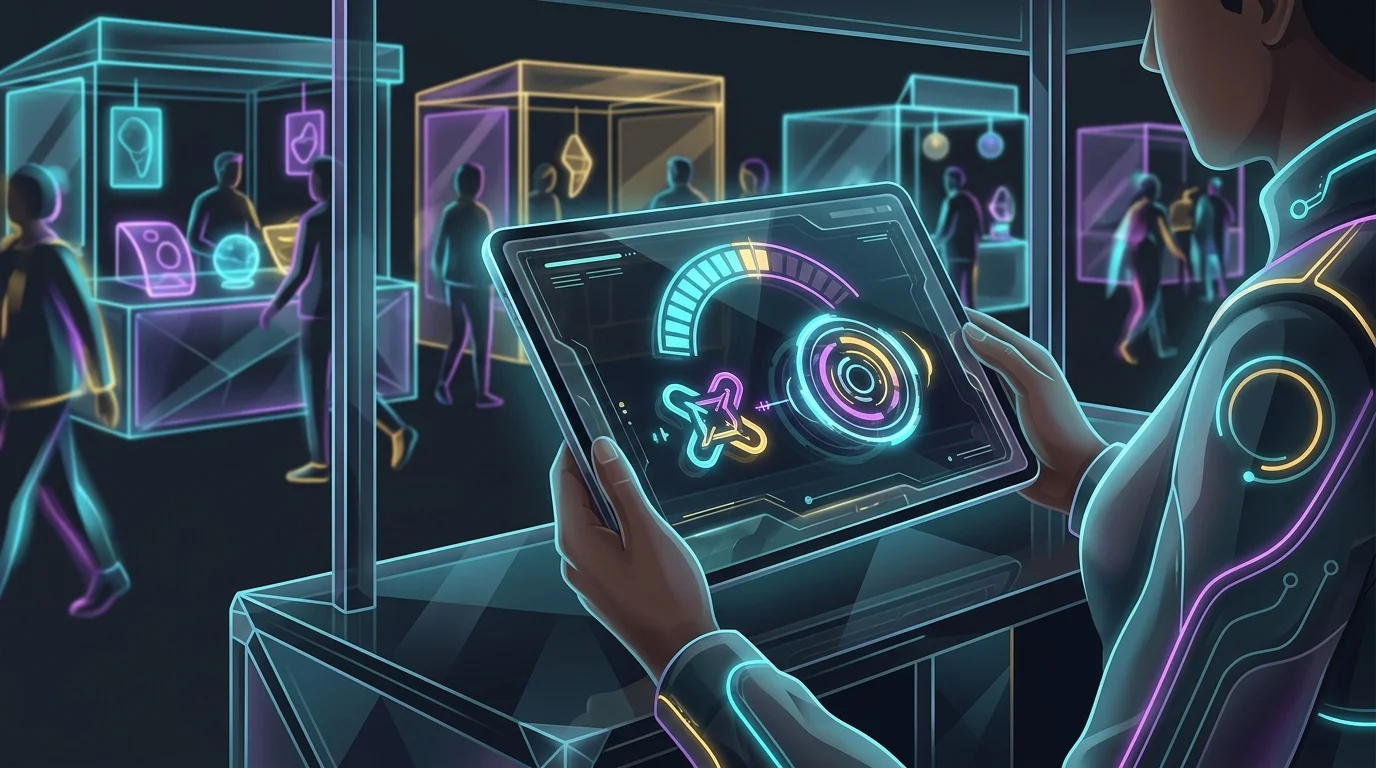 Person at a pop-up market using a tablet to manage on-demand AI insurance coverage for their small business.