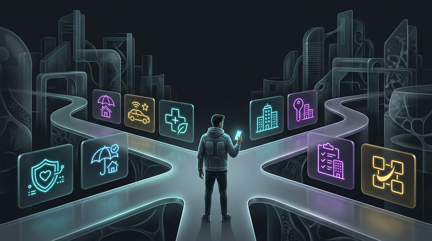 Person at a crossroads choosing between property management systems and AI renters insurance app options.