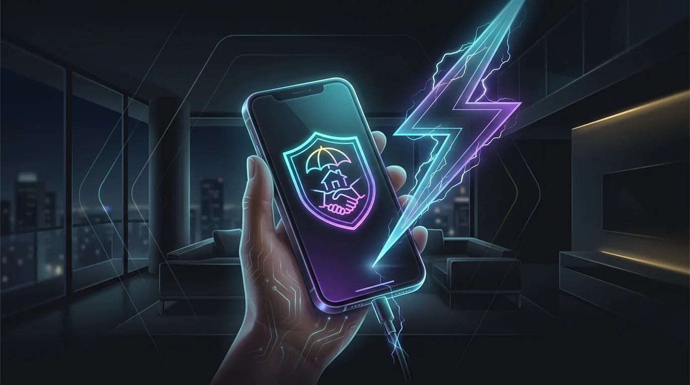 Hand holding a smartphone displaying an AI renters insurance policy being processed in a modern apartment.