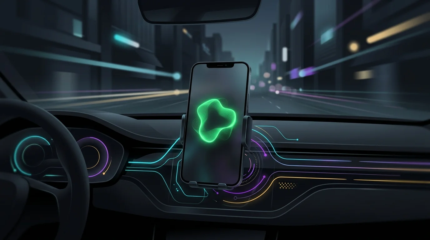 Smartphone on a car dashboard showing a green safety score for Root AI car insurance.