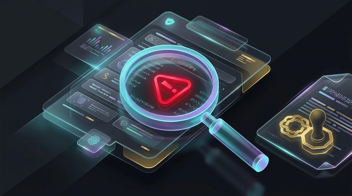 Magnifying glass identifying a high-risk insurance application during the AI fraud detection underwriting process.