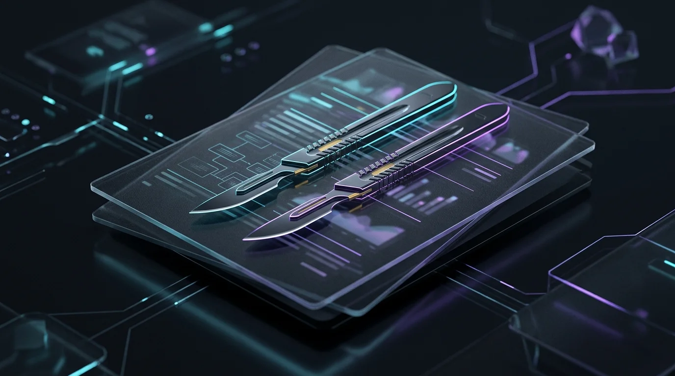Surgical scalpels resting on insurance documents to represent precise AI-driven fraud detection for workers comp.