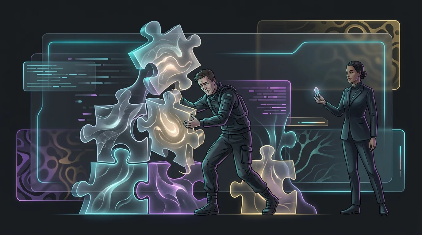IT worker struggling to assemble complex data fragments for an AI insurance fraud detection integration.