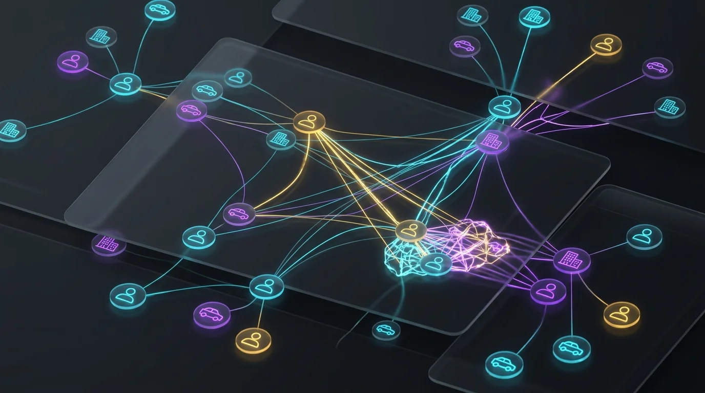 Digital network map showing AI insurance fraud detection links between claimants, cars, and providers.