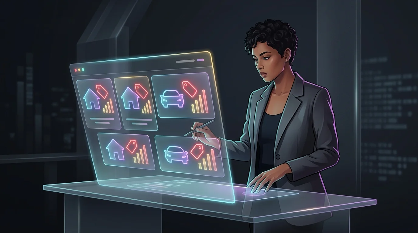 Insurance agent reviewing a digital dashboard displaying comparative personal-lines policy pricing and AI rating trends.