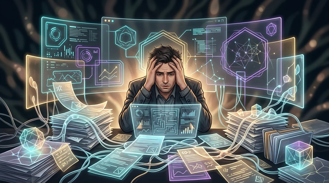Frustrated insurance broker struggling with a complex, disorganized workflow for AI insurance quoting tools.