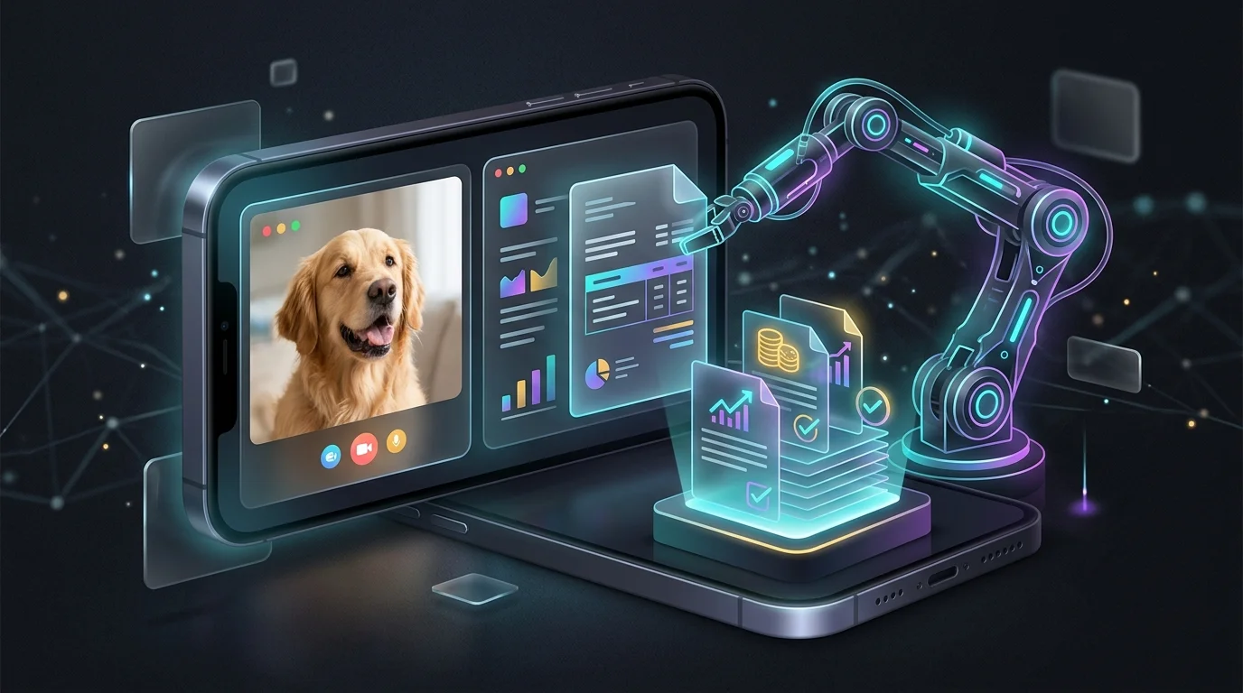 Smartphone screen showing a dog video and AI Jim quickly processing a pet insurance claim invoice for a payout.