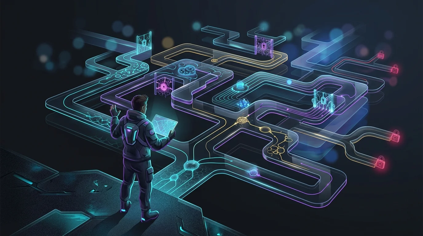 Person at a crossroads holding a map before a complex maze of AI health insurance plan options.