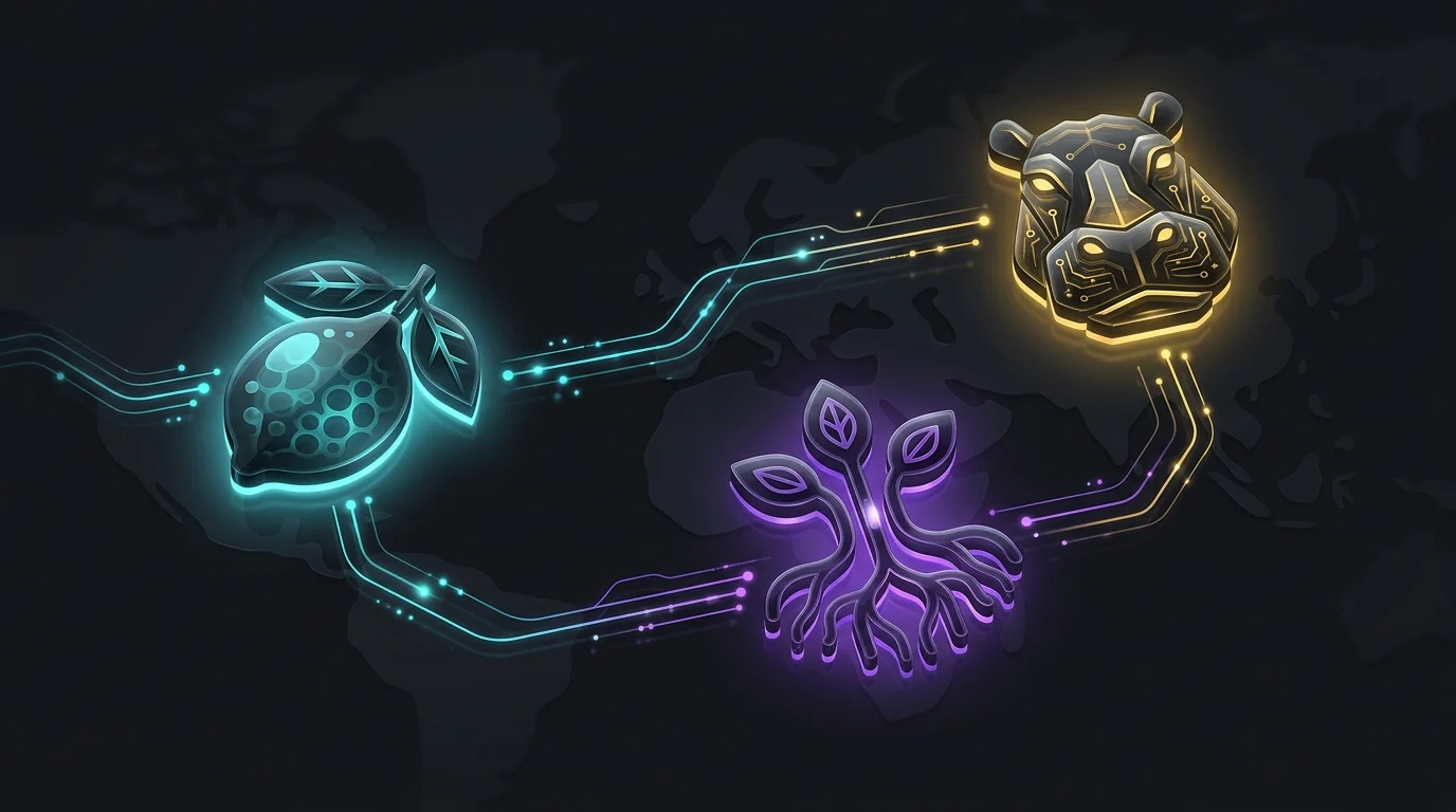 Digital icons for Lemonade, Root, and Hippo connected by data lines to compare AI insurance options.