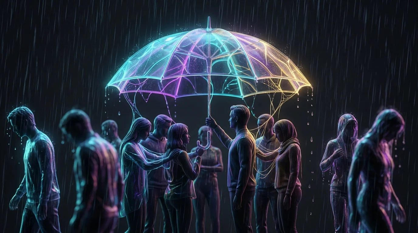 Large colorful umbrella covering a few people while others stand in rain to illustrate Jerry insurance savings averages.