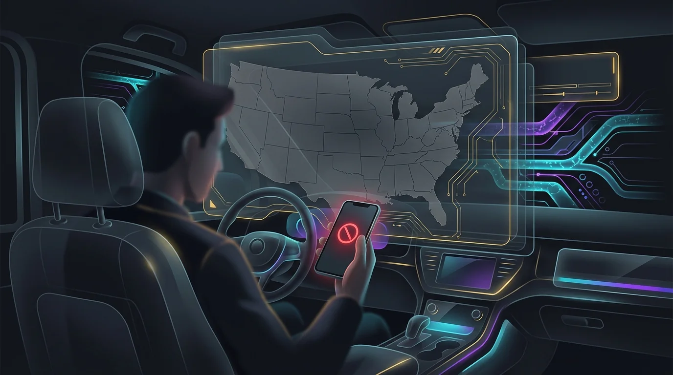 Driver looking at a Root Insurance error screen with a US map background, highlighting regional availability limits.
