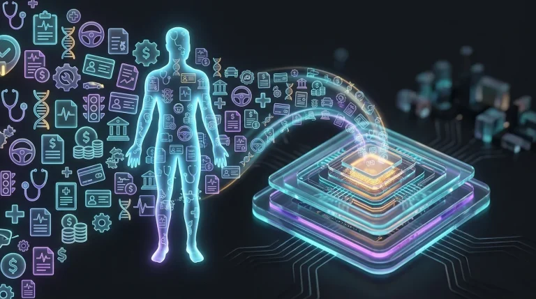 Digital silhouette representing Ethos life insurance data underwriting using medical and financial records.