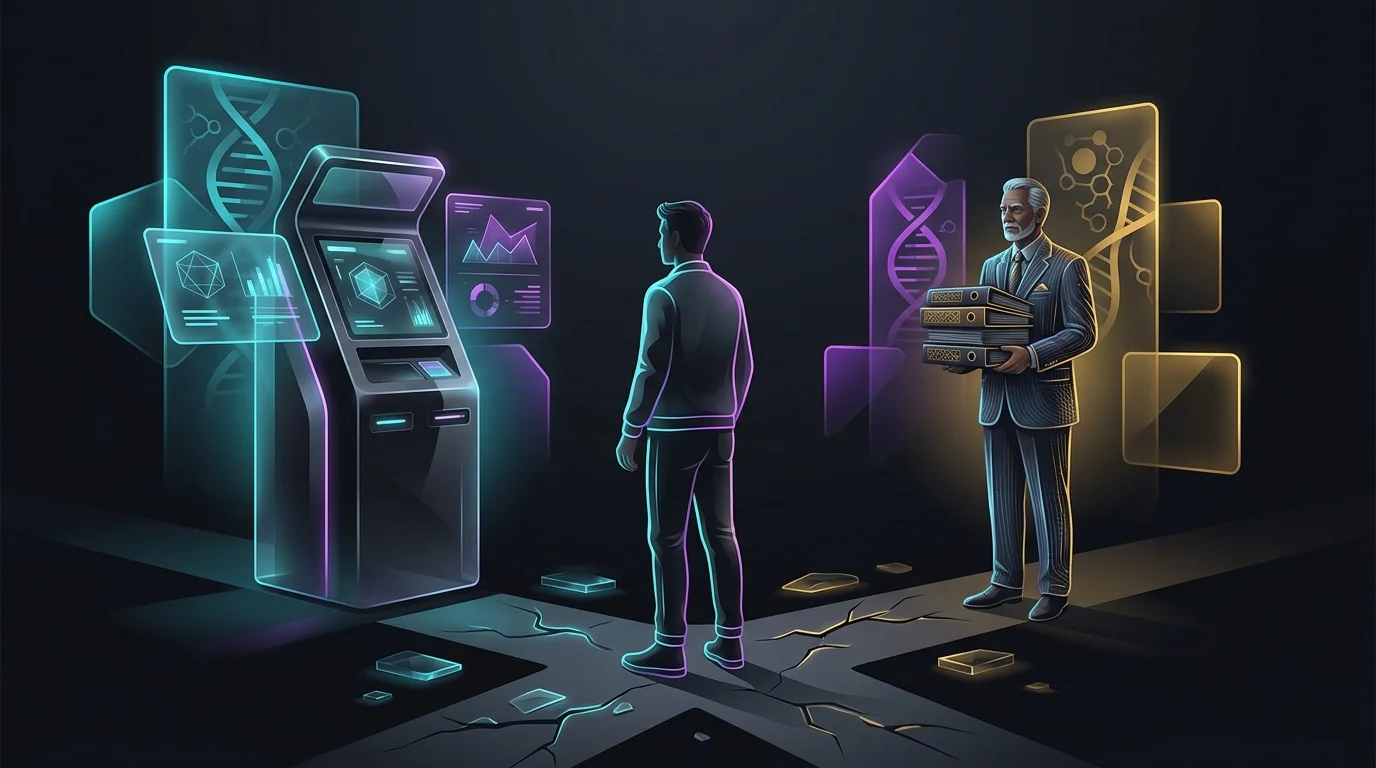 Person choosing between an automated Ethos digital kiosk and a traditional insurance broker for life insurance coverage.