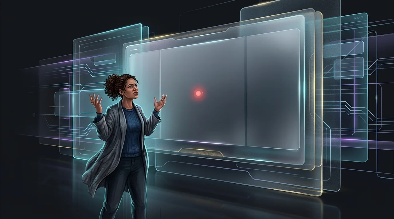 Frustrated applicant facing a blank robotic interface representing Ethos life insurance underwriting limitations.