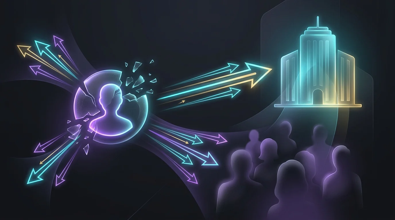 Digital profile icon branching data toward an insurance provider and multiple shadowy marketing partners.