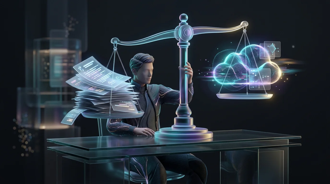 Person balancing insurance documents against a digital data cloud to weigh the value of Gabi AI policy tools.