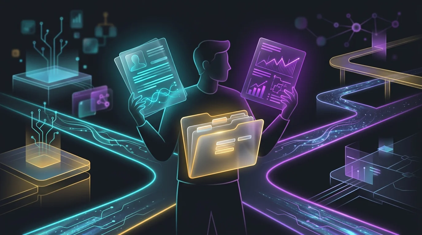 Person at a crossroads deciding whether to merge insurance documents and credit reports for Gabi’s AI policy analysis.