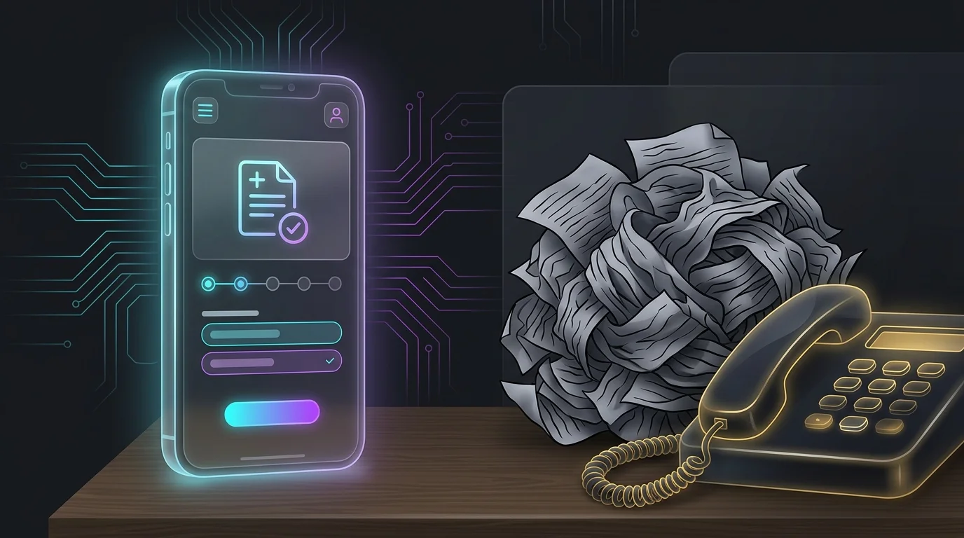 Smartphone showing a simple Lemonade AI claim form next to a tangled pile of complex, traditional insurance paperwork.