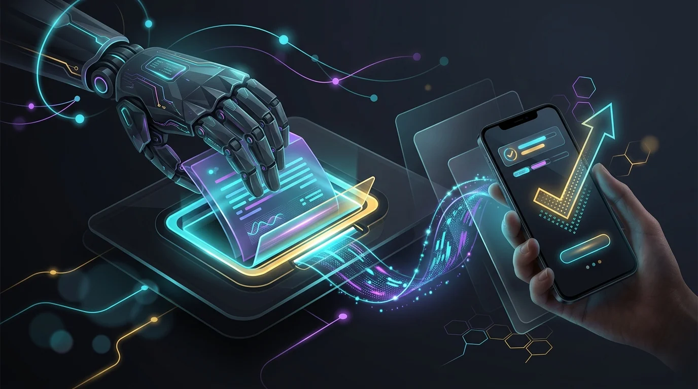 Robotic hand scanning a digital insurance claim to trigger an automated Lemonade AI payout on a smartphone.