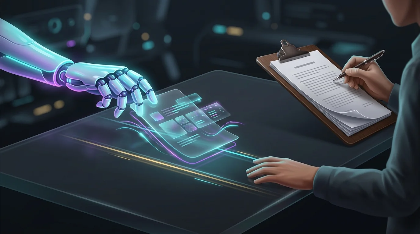 Digital interface showing a Lemonade AI claim file being escalated from a robotic hand to a human adjuster for review.