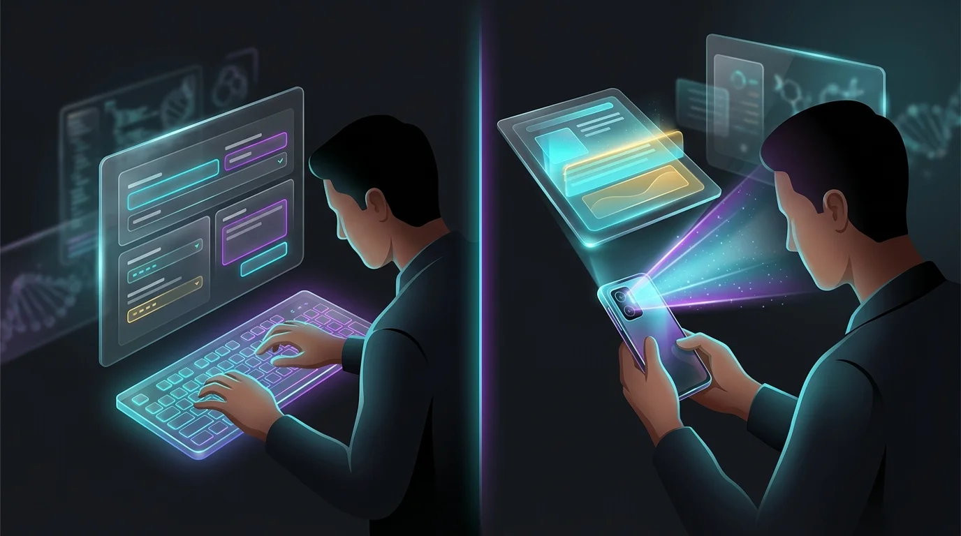 User entering insurance details on a desktop alongside someone scanning documents on a smartphone to compare AI quotes.