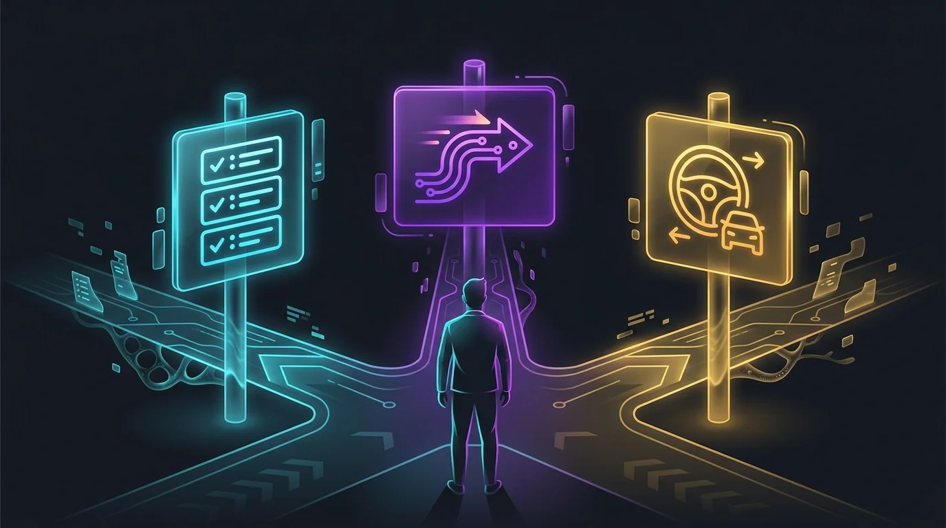 Person at a crossroads comparing auto insurance app options and digital policy paths.
