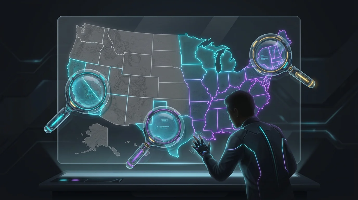 Person examining a US map with grayed-out states to identify regional coverage for the best AI insurance app.