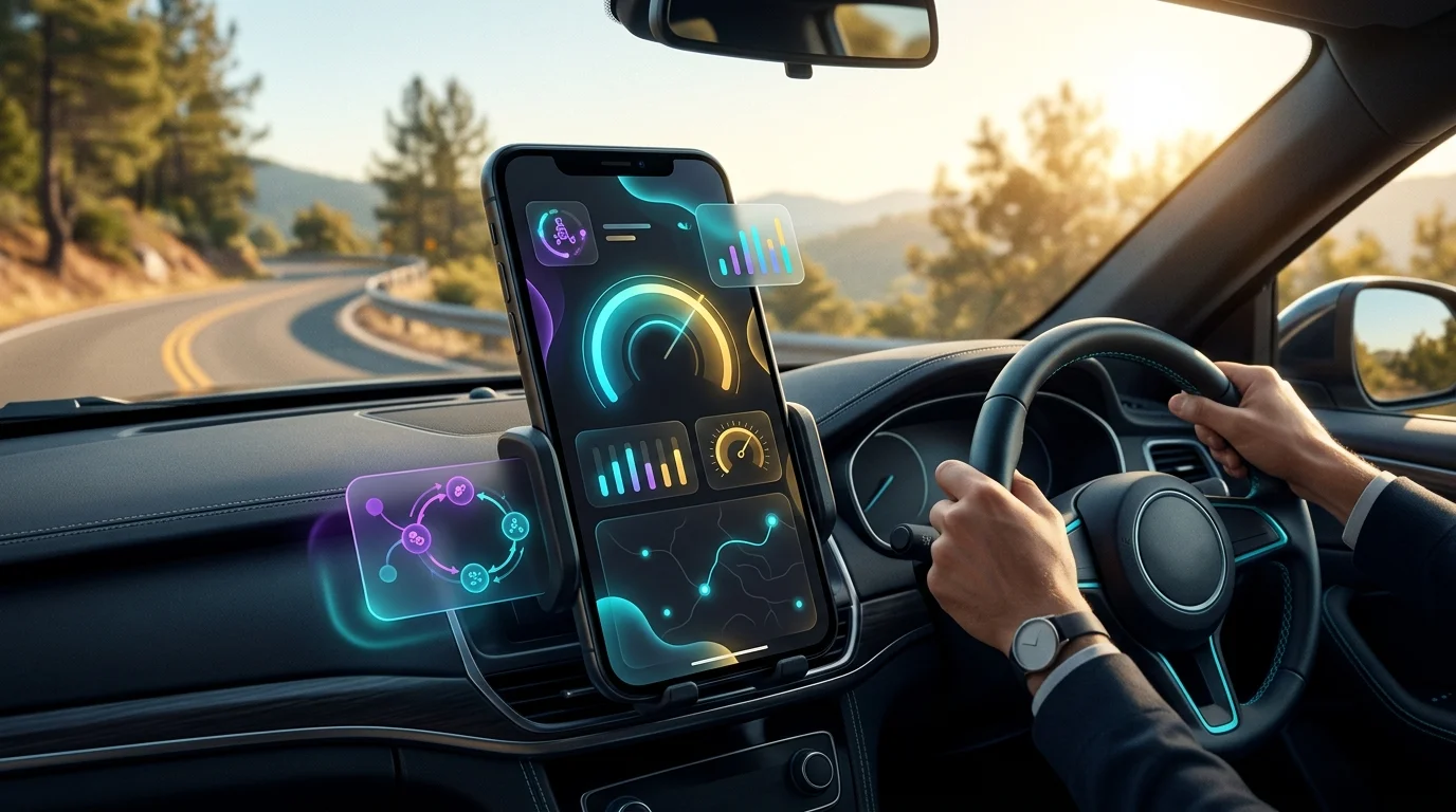 Smartphone displaying a Root driving behavior score on a car dashboard while navigating a sunlit road.