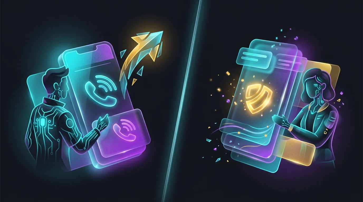 Split screen showing a redirect call versus a direct digital purchase on an AI insurance comparison app.