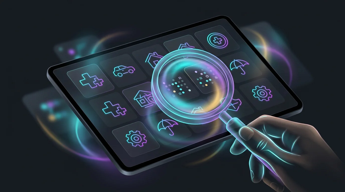 Digital tablet showing AI insurance comparison app results with shifting price quotes under a magnifying glass.
