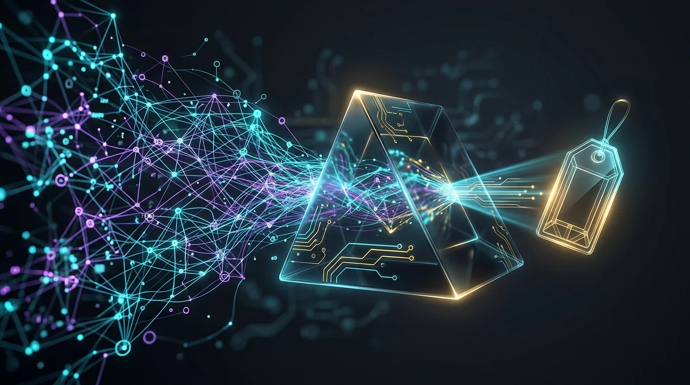Complex data points flowing through a prism to generate a precise AI underwriting premium.