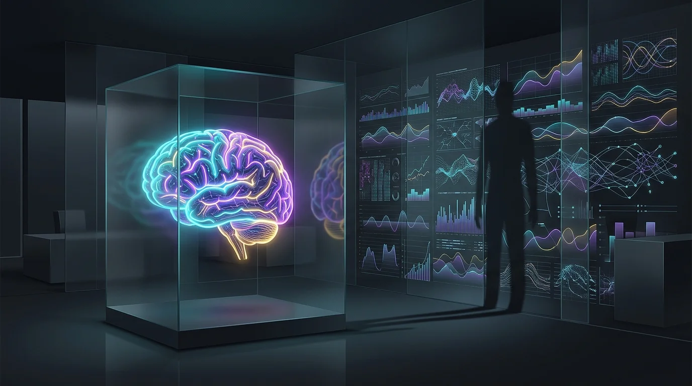 Glowing digital brain casting a distorted human shadow over data charts, illustrating bias in AI underwriting models.