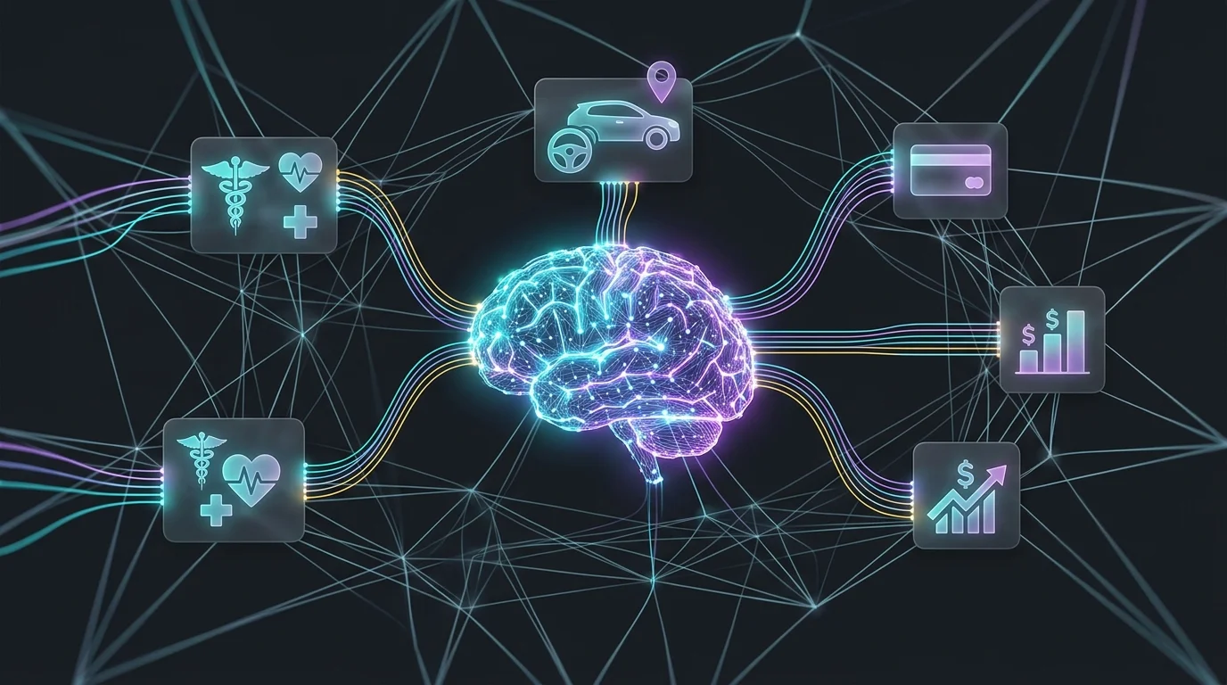 Digital brain connecting to medical, driving, and credit data sources for AI underwriting risk assessment.