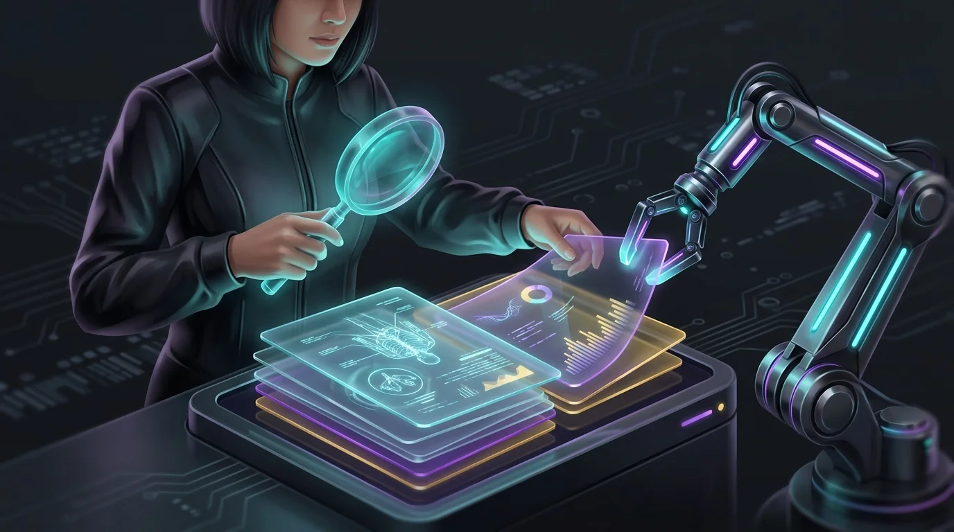 Robotic arm reviewing medical and financial documents for AI underwriting risk assessment.