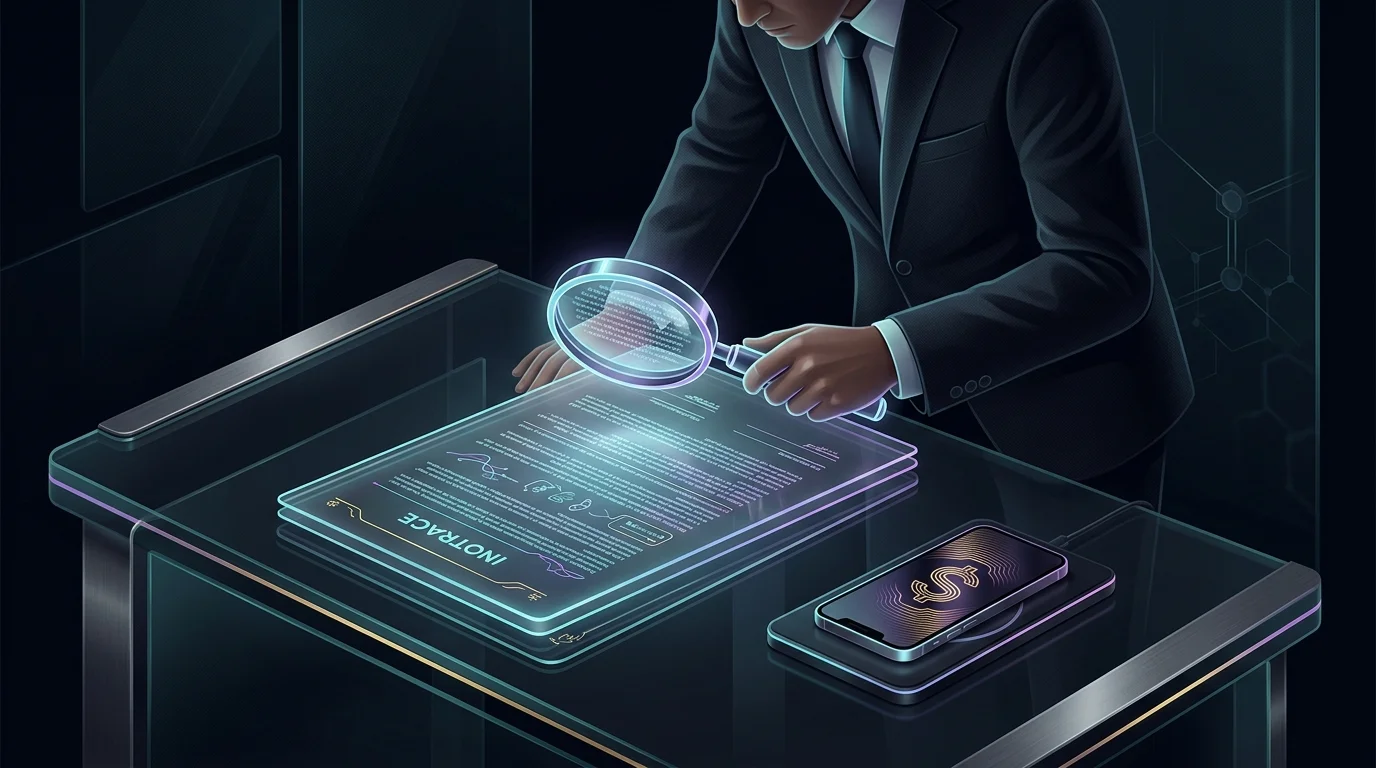 Professional reviewing a commercial liability contract with a magnifying glass instead of an AI insurance app.