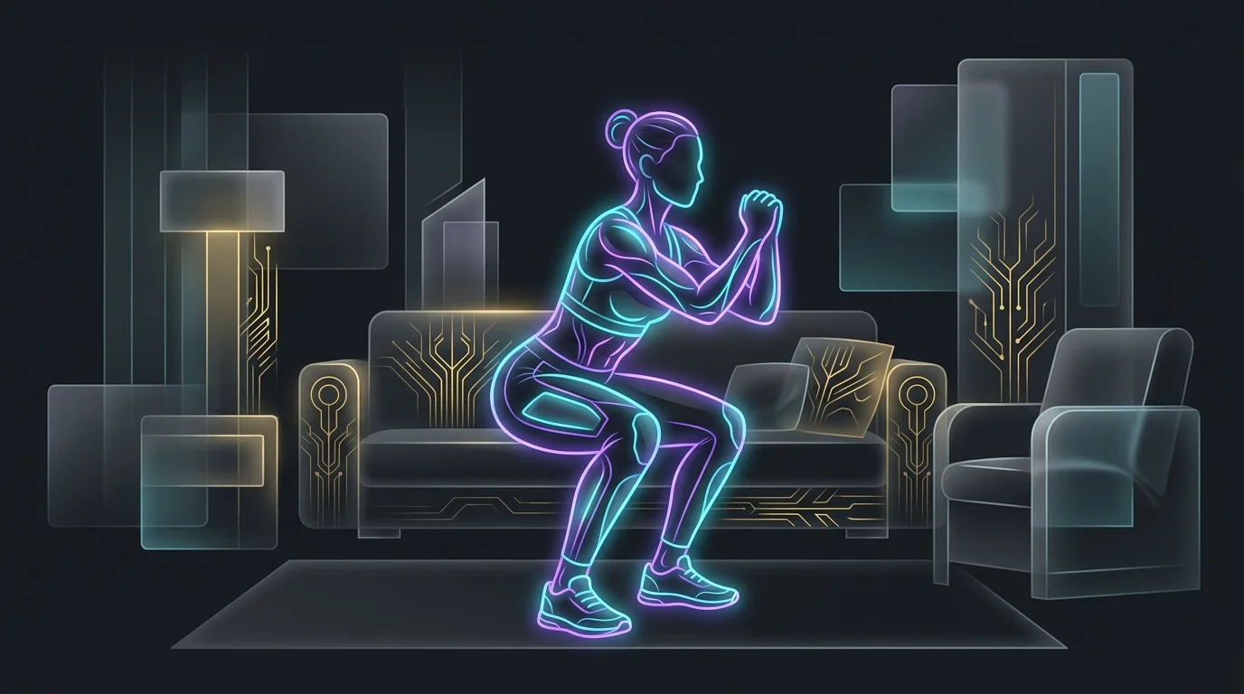 athletic person mid-squat in a small living room, no equipment, natural morning light