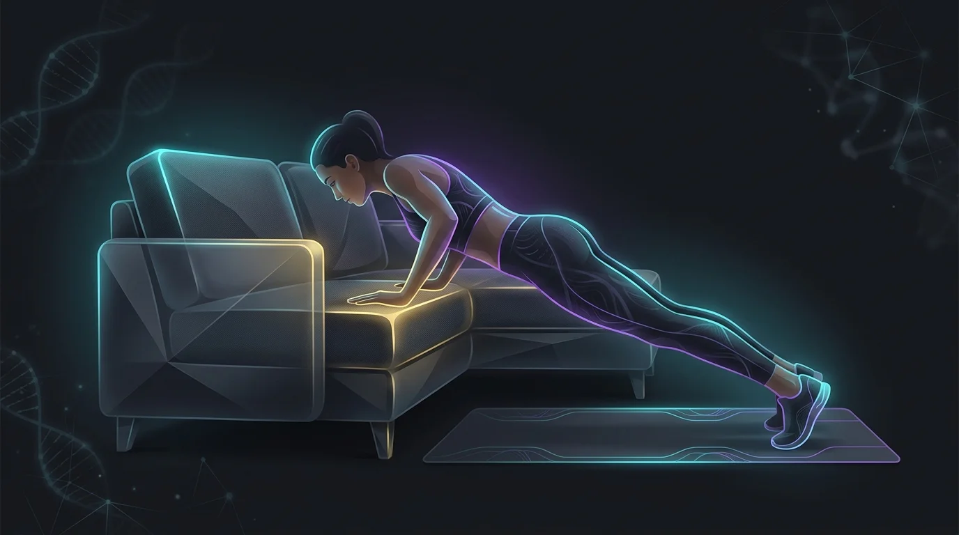 Person performing a modified incline push-up on a couch for a beginner-friendly full-body home workout.