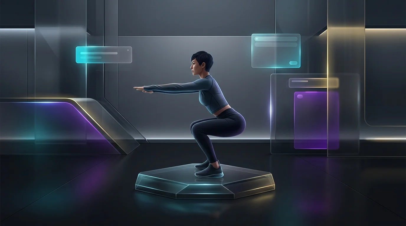 Person performing a bodyweight squat with proper hip hinge for a full-body home workout.