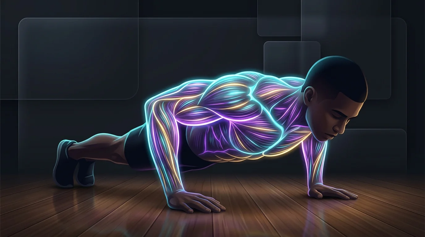 Person performing a push-up on hardwood floor to build muscle during a bodyweight home workout.