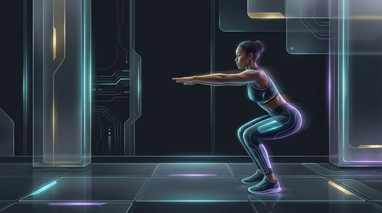 Person performing a bodyweight squat with proper hip hinge form for a full-body home workout.