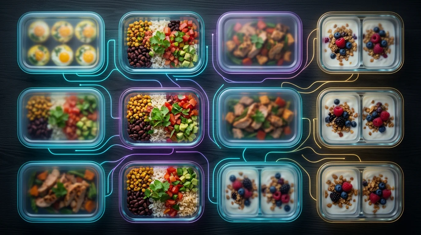Glass containers filled with high-protein meal prep bowls and egg cups arranged on a wooden counter for weight loss.