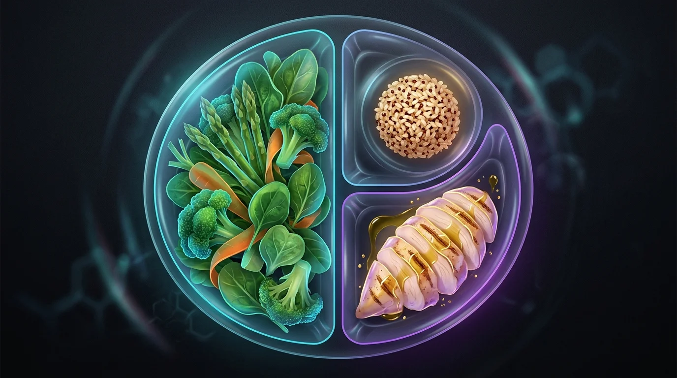 Divided plate featuring lean protein and high-volume vegetables for a balanced high-protein weight-loss meal.