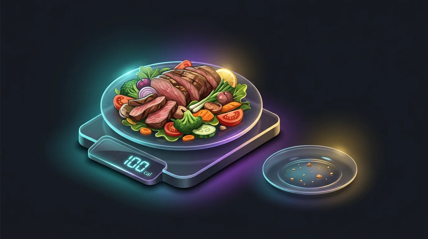 Scale showing low calories for a high-protein meal of lean meat and vegetables compared to empty processed carbs.