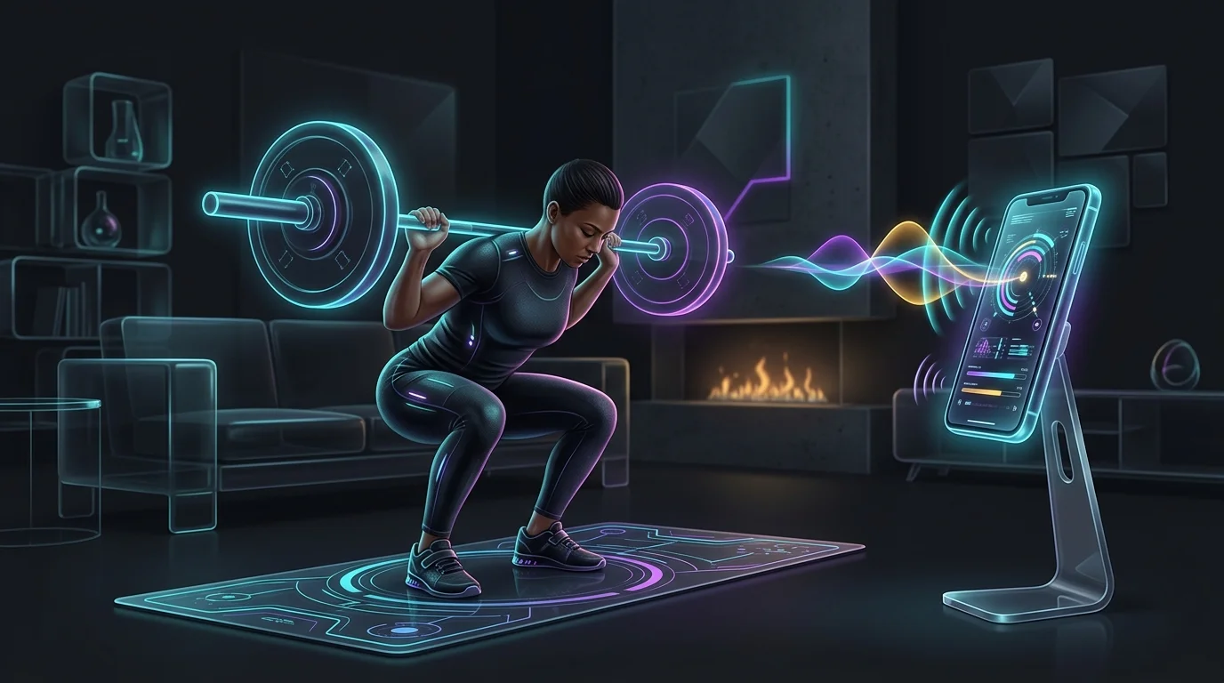 Person performing a squat in a living room while following a ThriveX guided 20-minute workout on a smartphone.