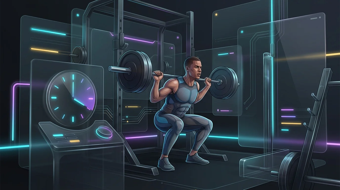 Person performing a high-intensity squat in a gym with a clock showing 20 minutes for an effective full-body workout.
