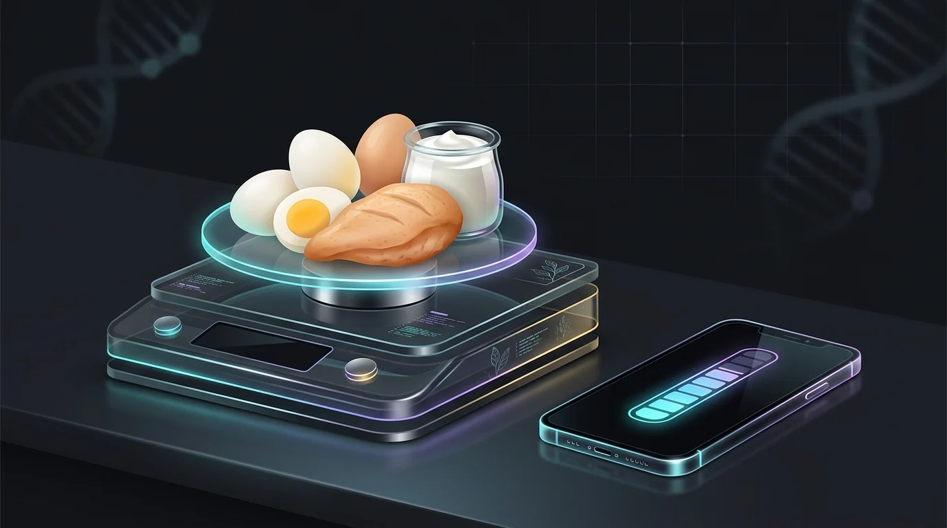 Kitchen scale weighing chicken and eggs for a high-protein diet with a progress tracker on a smartphone.