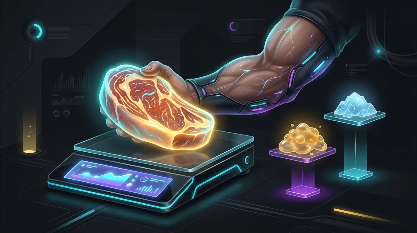 Muscular arm balancing a steak on a scale to highlight protein's role in satiety and muscle retention.