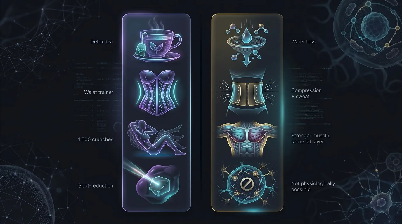 Myth vs. reality comparison: common belly-fat myths like detox tea and waist trainers versus what actually works.