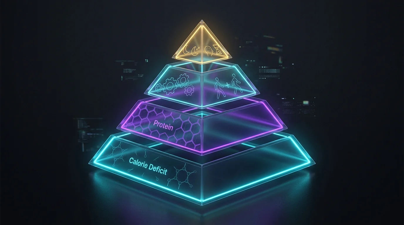 The fat-loss priority pyramid: calorie deficit at the base, then protein, then strength and steps, then sleep and stress.